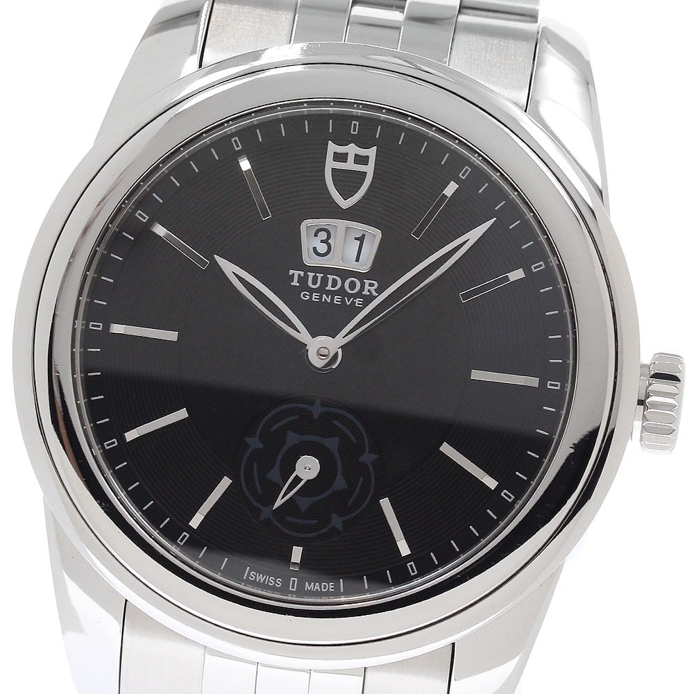 TUDOR Glamour 57000 mens automatic stainless steel wristwatch: TUDOR Glamour 57000 mens automatic stainless steel wristwatch Pre-owned TUDOR Glamour Double Date automatic men's wristwatch with a black dial and stainless steel case and bracelet. Features include d