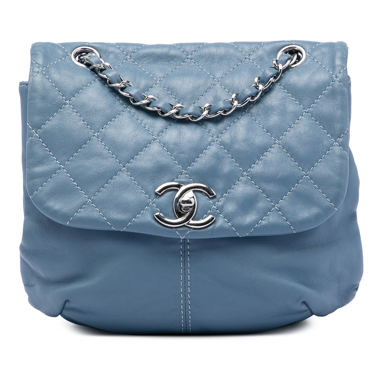 Chanel Trianon Mini Flap Messenger Bag in Blue Quilted Lambskin: Chanel Trianon Mini Flap Messenger Bag in Blue Quilted Lambskin Mini Chanel Trianon messenger flap bag crafted in quilted blue lambskin leather. It features a leather-woven chain strap, a front flap w