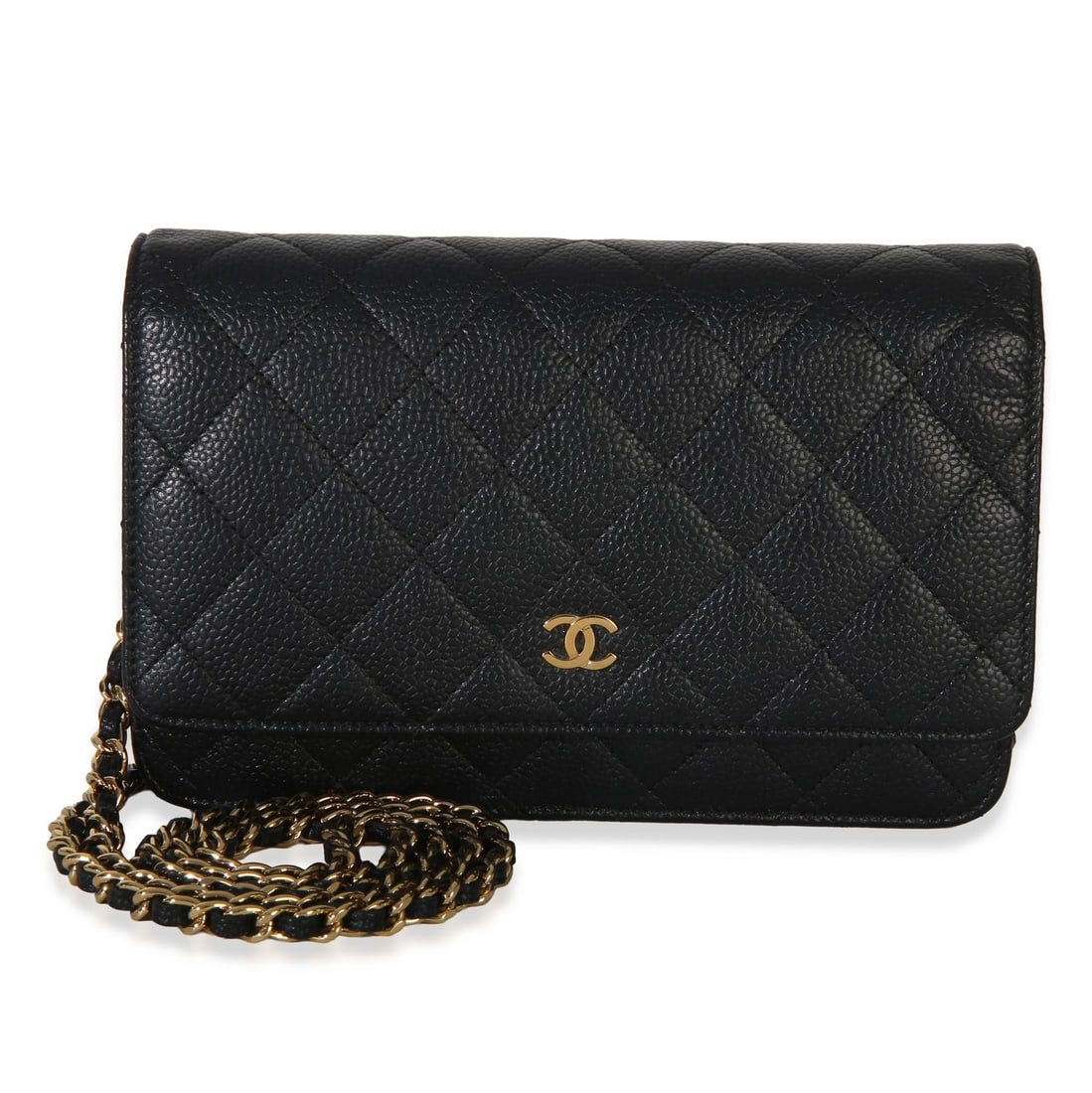 Chanel Classic Wallet On Chain Black Caviar Leather Shoulder Bag: Chanel Classic Wallet On Chain Black Caviar Leather Shoulder Bag Pre-owned Chanel Classic Wallet On Chain in black quilted caviar leather with a snap closure and gold-tone hardware. This unisex should