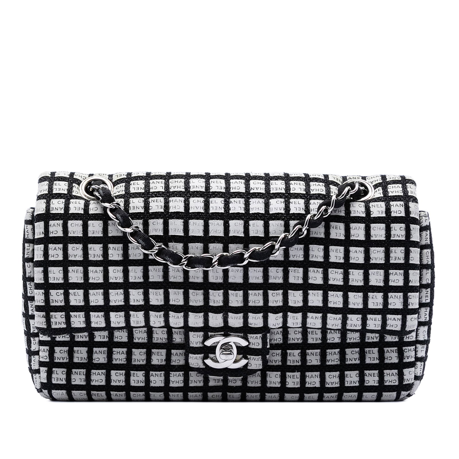 Chanel Classic Ribbon Tweed Logo Double Flap Shoulder Bag: Chanel Classic Ribbon Tweed Logo Double Flap Shoulder Bag This Chanel Medium Classic Ribbon and Tweed Logo Double Flap shoulder bag features a black fabric canvas body with a distinctive logo design. 