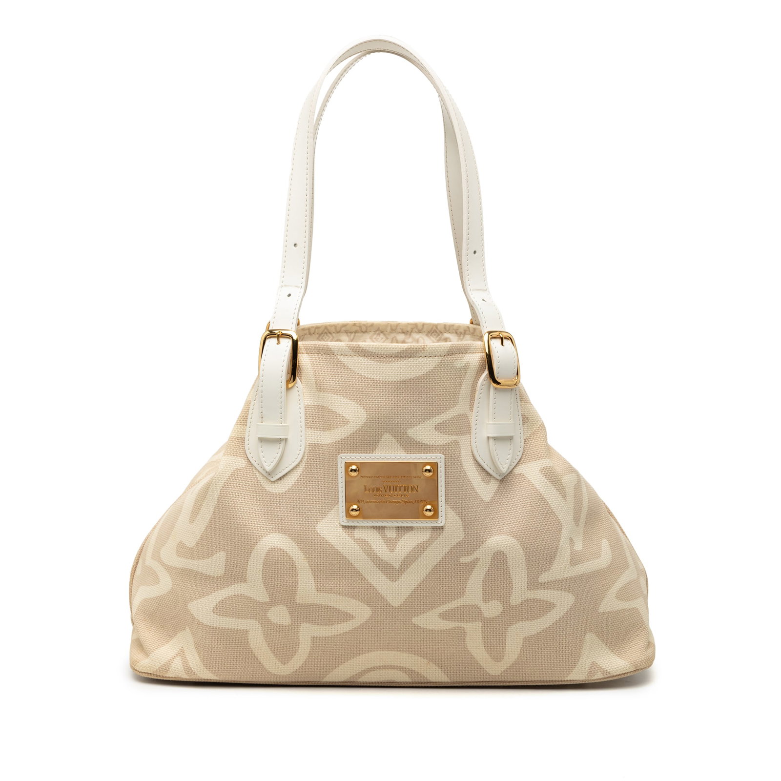 Monogram Tahitienne Canvas Cabas PM Tote by Louis Vuitton: Monogram Tahitienne Canvas Cabas PM Tote by Louis Vuitton The Louis Vuitton Monogram Tahitienne Cabas PM is a stylish beige bag crafted from signature canvas with flat leather straps. It features an