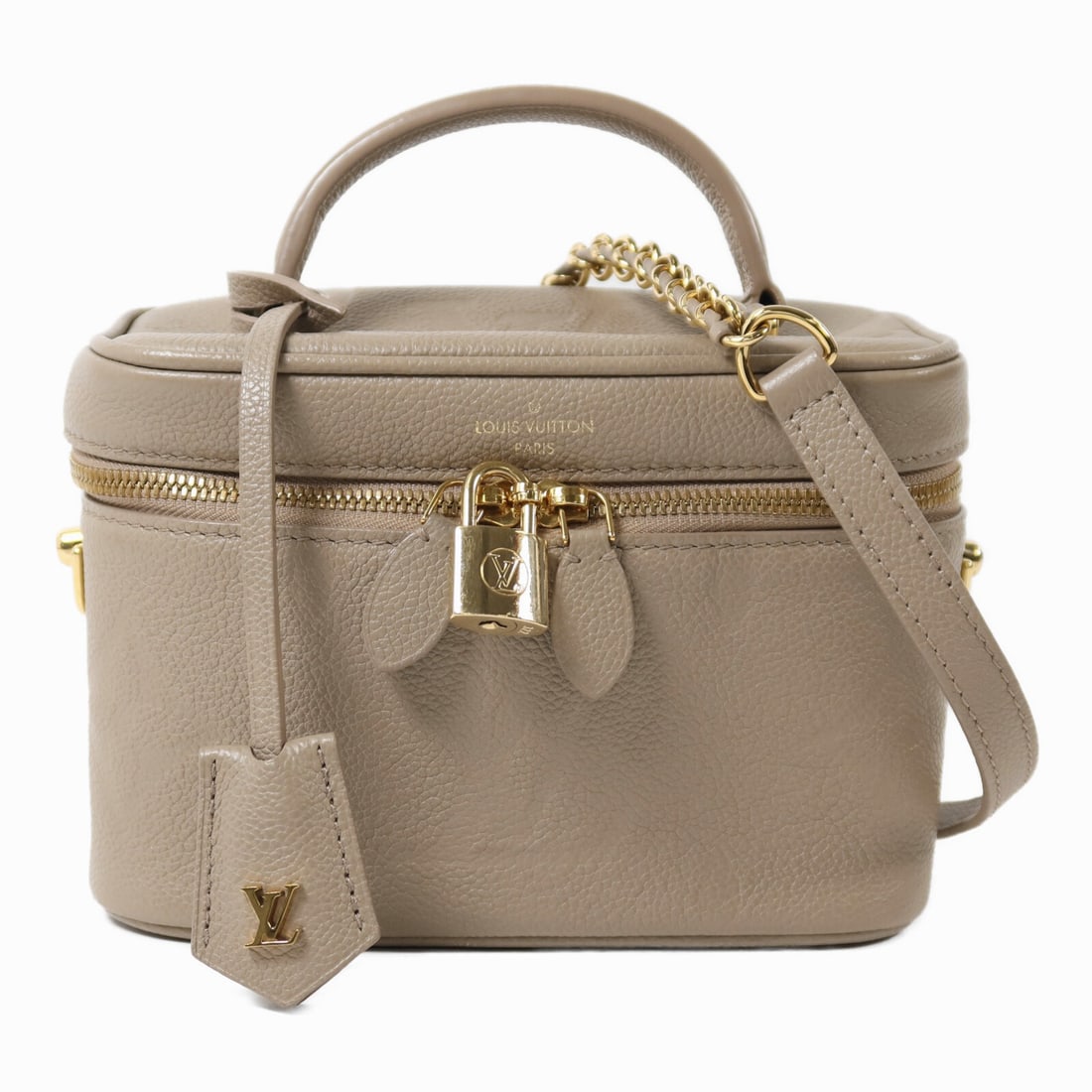 Louis Vuitton M45608 Vanity PM 2 Way Beige Monogram Empreinte Bag: Louis Vuitton M45608 Vanity PM 2 Way Beige Monogram Empreinte Bag This Louis Vuitton Vanity PM 2-way chain bag features a beige Monogram Empreinte design crafted from calfskin leather. The bag offers