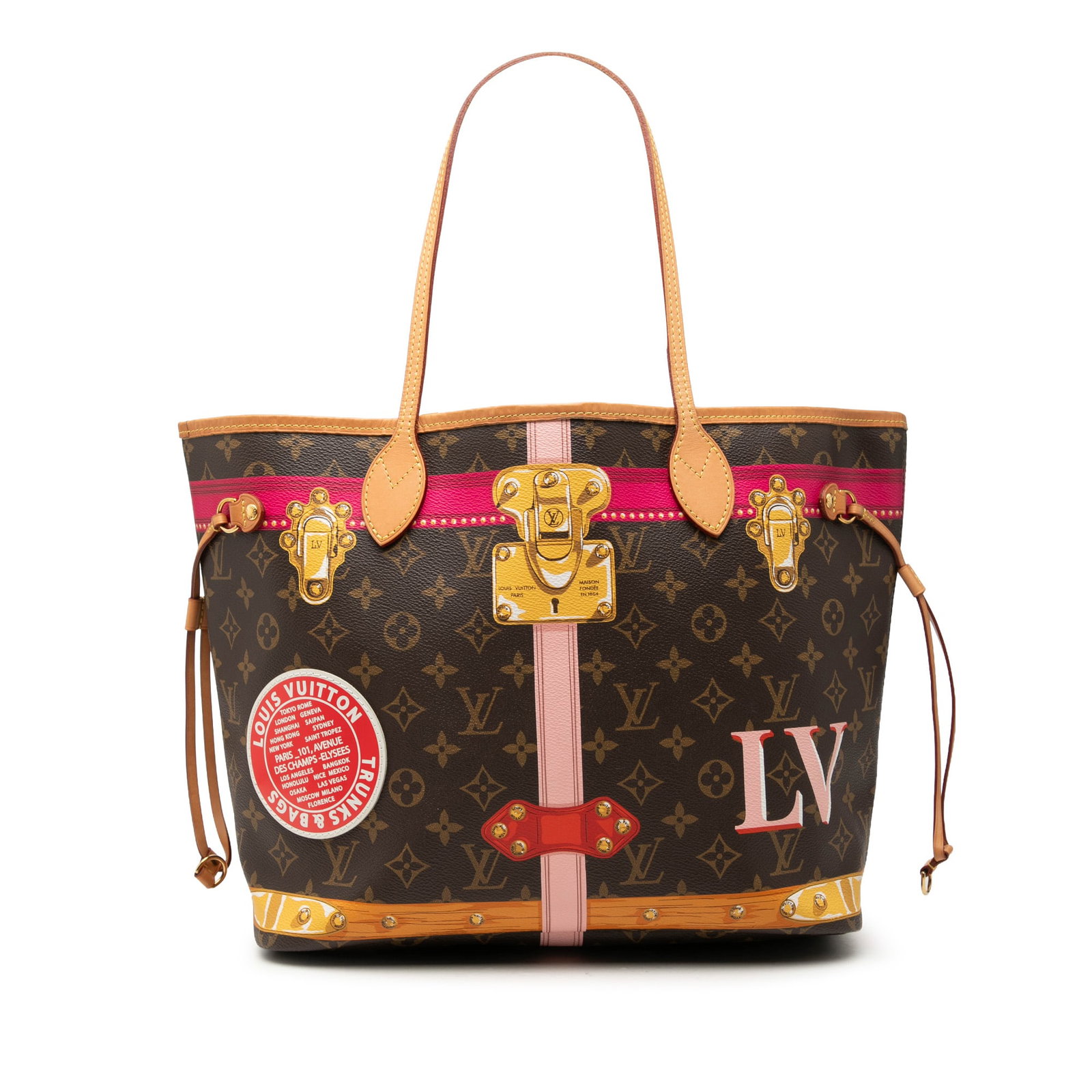 Louis Vuitton Neverfull MM Monogram Summer Trunks Tote Bag: Louis Vuitton Neverfull MM Monogram Summer Trunks Tote Bag Louis Vuitton Monogram Summer Trunks Neverfull MM tote bag crafted with a printed monogram canvas body and flat vachetta leather straps. The 