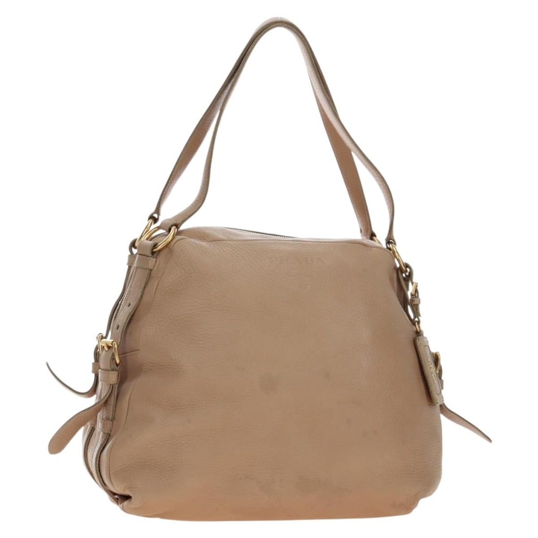PRADA Beige Leather Tote with Dust Bag and Guarantee Card: PRADA Beige Leather Tote with Dust Bag and Guarantee Card Prada tote bag in beige leather with gold-tone accents. Includes the dust bag and guarantee card. Made in Italy. Condition is rated B with rea