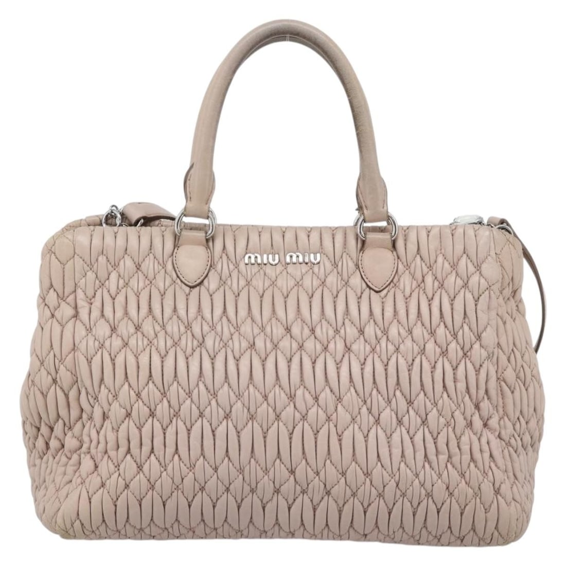 Miu Miu Crystal Tote Pink Matelasse Leather Handbag: Miu Miu Crystal Tote Pink Matelasse Leather Handbag Miu Miu Crystal Tote in pink leather. This tote shows overall wear consistent with fair pre-owned condition, including deformation, rubbing, stains,