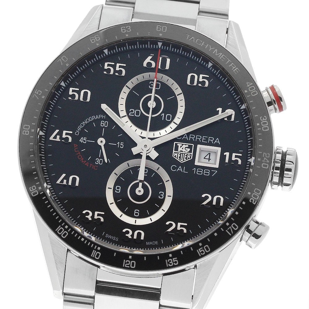 TAG Heuer Carrera CAR2A10-0 mens automatic chronograph watch: TAG Heuer Carrera CAR2A10-0 mens automatic chronograph watch Pre-owned TAG Heuer Carrera automatic chronograph men's wristwatch with a black dial and stainless steel case and bracelet. This watch feat