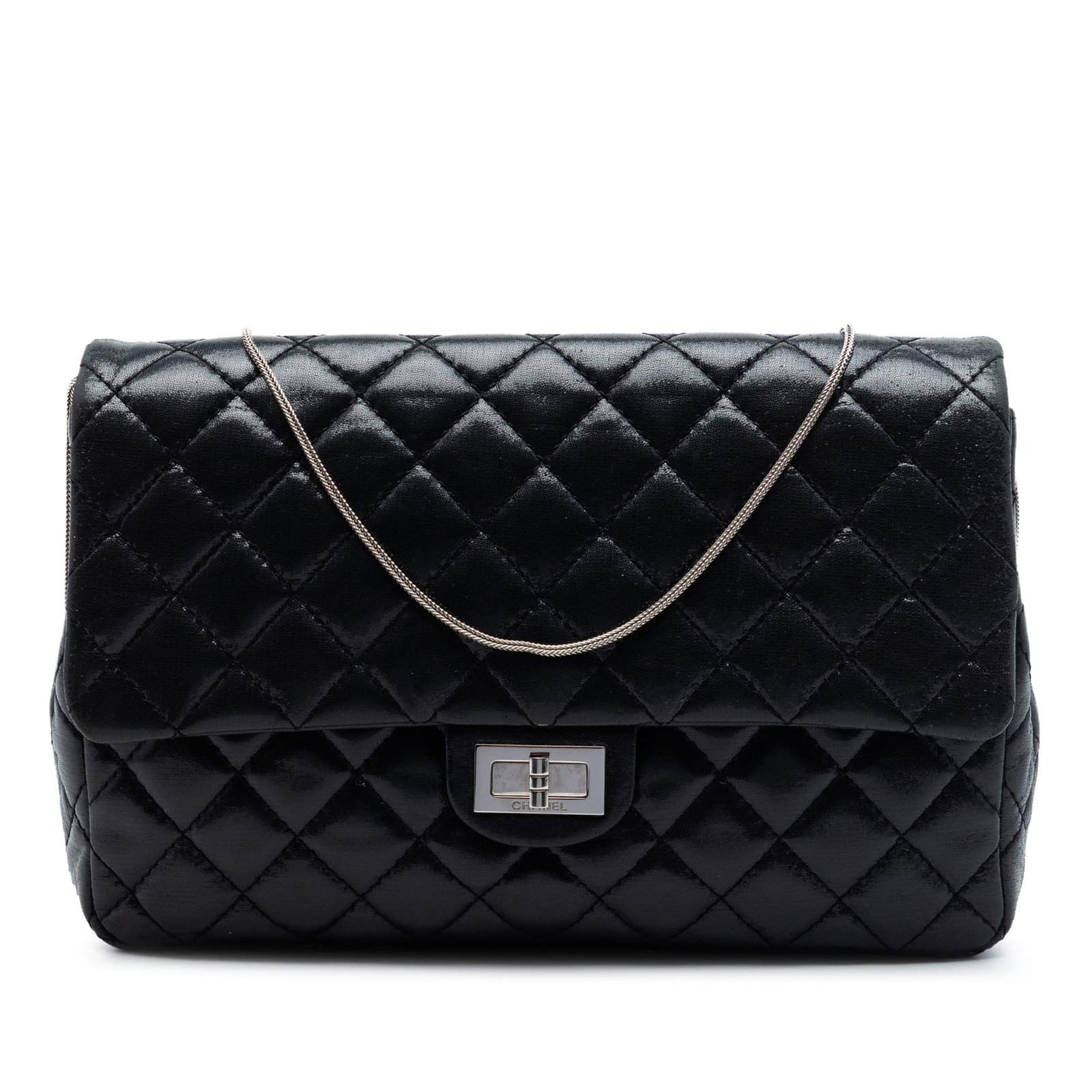Chanel Reissue 2.55 Quilted Lambskin Shoulder Bag with Chain Strap: Chanel Reissue 2.55 Quilted Lambskin Shoulder Bag with Chain Strap A Chanel shoulder bag in black quilted iridescent lambskin leather, designed with a chain link shoulder strap and a front flap with t