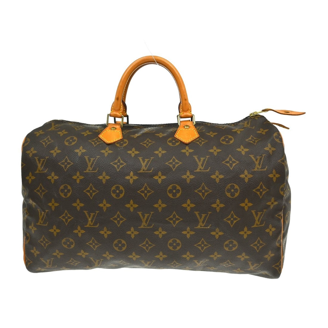 Louis Vuitton Speedy 40 Monogram Canvas Duffle Bag M41522: Louis Vuitton Speedy 40 Monogram Canvas Duffle Bag M41522 Vintage Louis Vuitton Speedy 40 handbag in the Monogram line, styled as a large duffle with double handles and zip closure. Crafted in brown m