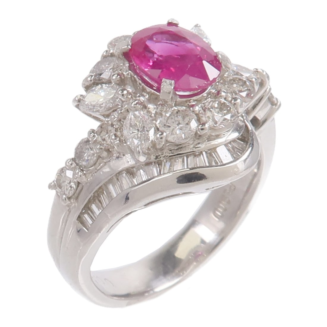 Pt900 Platinum Ruby Diamond Ring Size 4.75 1.09ct 1.00ct: Pt900 Platinum Ruby Diamond Ring Size 4.75 1.09ct 1.00ct Ruby and diamond ring in PT900 platinum with a red ruby centerpiece and diamond accents. The ring is size US 4.75 and features a 4 mm ring widt