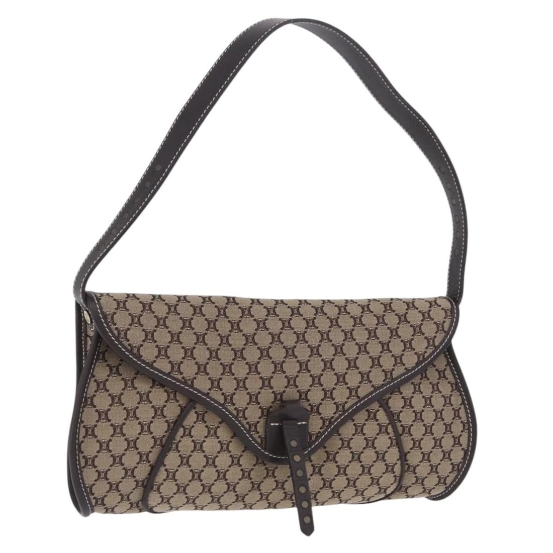 CELINE Macadam Canvas Beige Shoulder Bag with Dust Bag: CELINE Macadam Canvas Beige Shoulder Bag with Dust Bag Authentic CELINE shoulder bag in beige Macadam canvas with a compact silhouette and shoulder strap. Includes a dust bag. Condition is AB/very goo