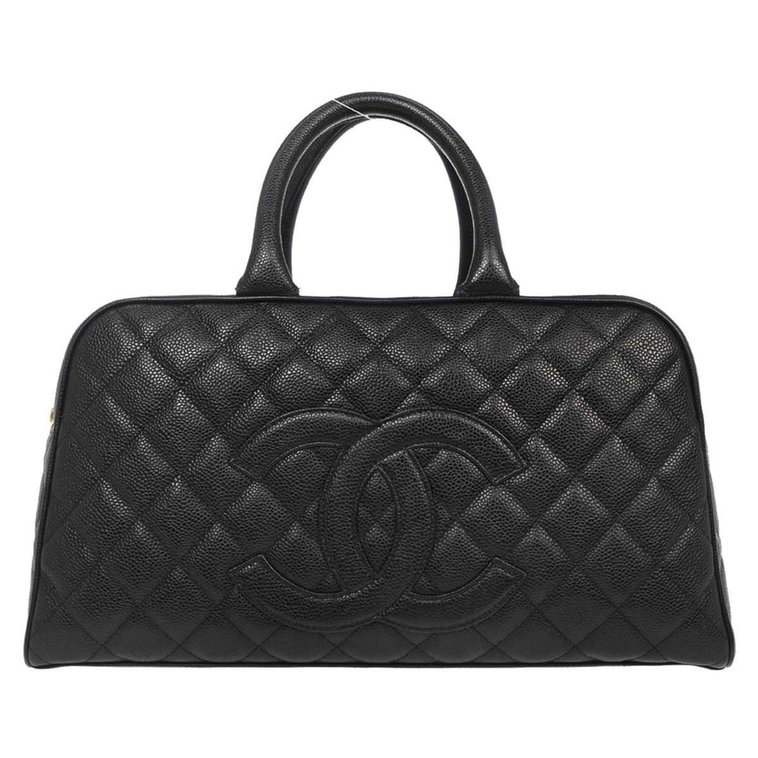 CHANEL Caviar Black Top Handle Bag in Caviar Skin Leather: CHANEL Caviar Black Top Handle Bag in Caviar Skin Leather Chanel black bowling bag in caviar skin leather with double handles, a zip closure, logo accents, and inner storage pockets. Made in Italy, th