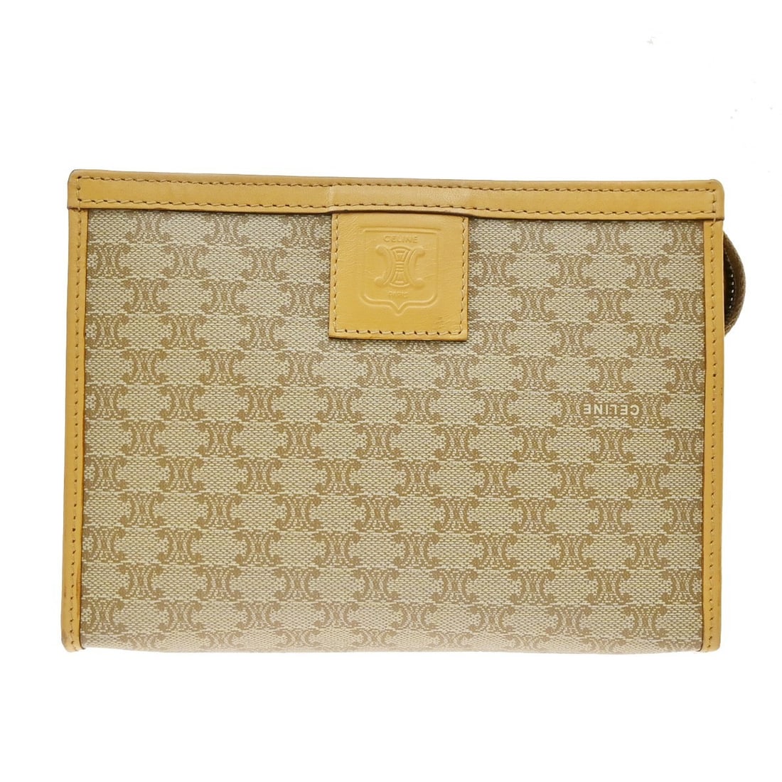 Celine Macadam Pochette Beige Canvas Clutch Bag: Celine Macadam Pochette Beige Canvas Clutch Bag Celine Macadam Pochette in beige canvas with leather trim. Made in Italy, this female pochette measures 16 cm x 12 cm x 4 cm. Condition is fair, with li