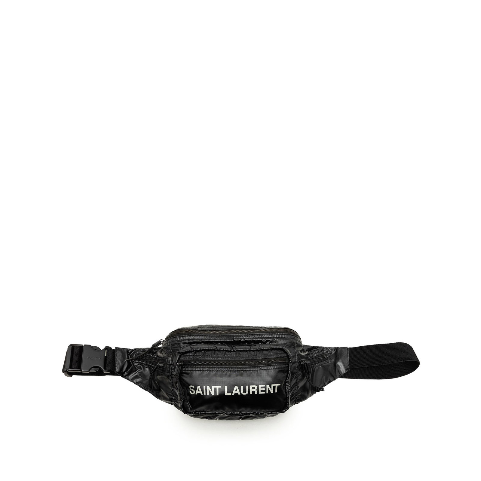Saint Laurent Nuxx black nylon belt bag with zip pockets: Saint Laurent Nuxx black nylon belt bag with zip pockets Saint Laurent Nylon Nuxx belt bag in black fabric with a flat waist strap, top zip closure, and multiple zip pockets at the front, sides, and b