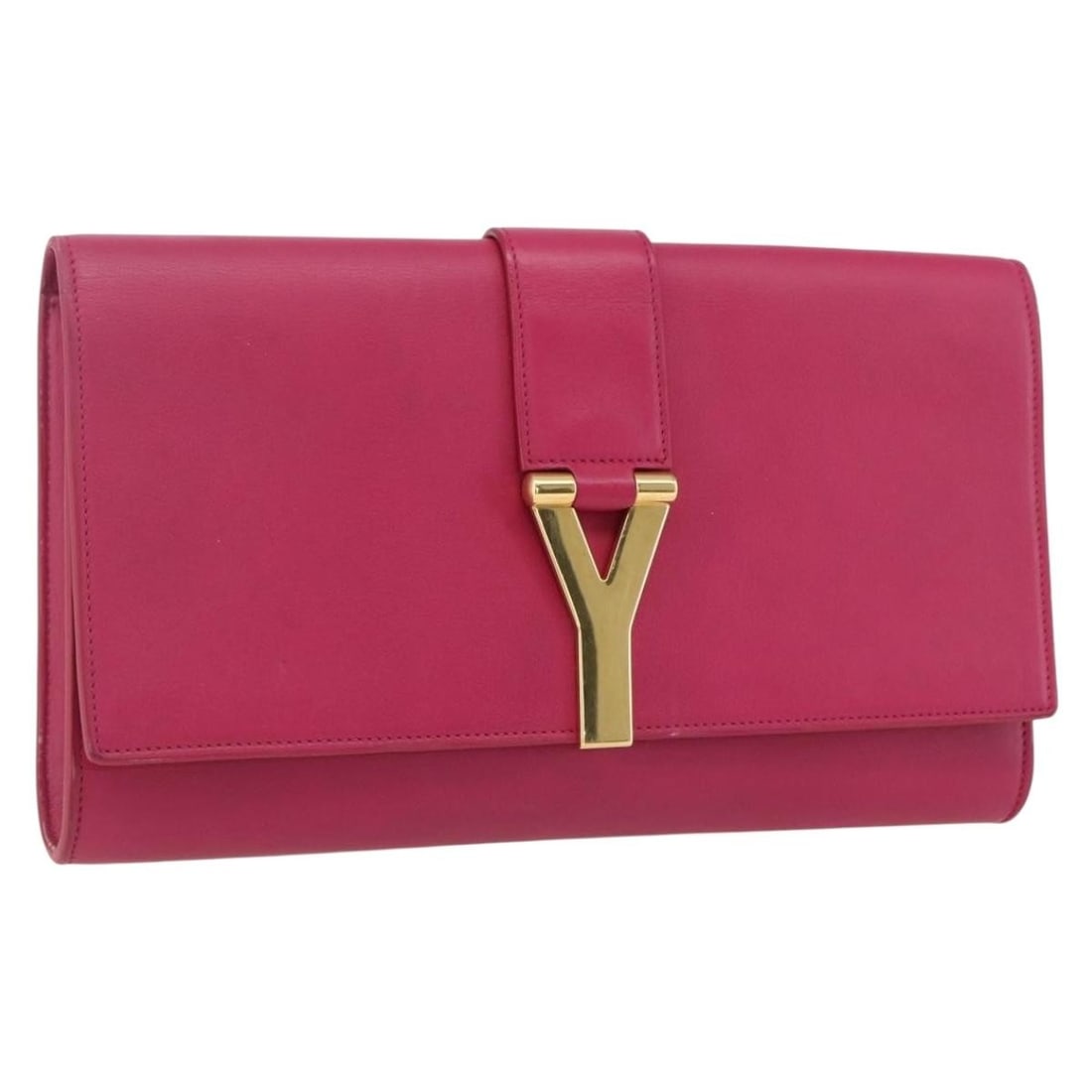 Pink Leather Clutch by Saint Laurent Y Line with Gold Accents: Pink Leather Clutch by Saint Laurent Y Line with Gold Accents This Saint Laurent Y Line clutch bag features a pink leather exterior with gold accents. Designed for women, it is crafted in Italy and of