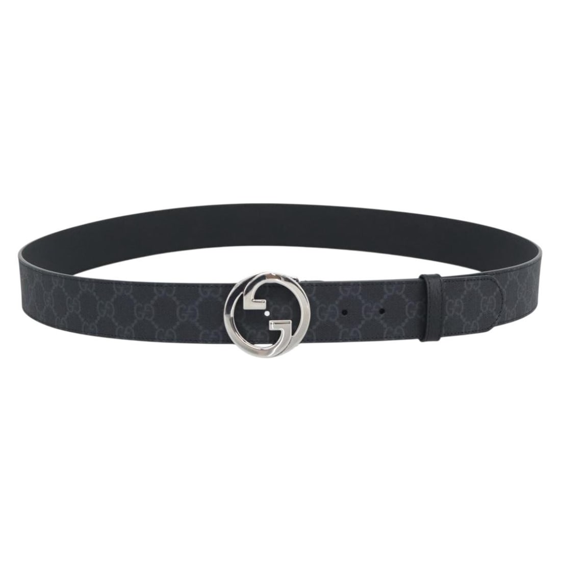GUCCI 703147 GG Supreme Interlocking G Black PVC Leather Belt 53.1in: GUCCI 703147 GG Supreme Interlocking G Black PVC Leather Belt 53.1in Gucci GG Supreme Interlocking G belt in black PVC leather and GG canvas with silver-tone hardware. Made in Italy, this women's belt