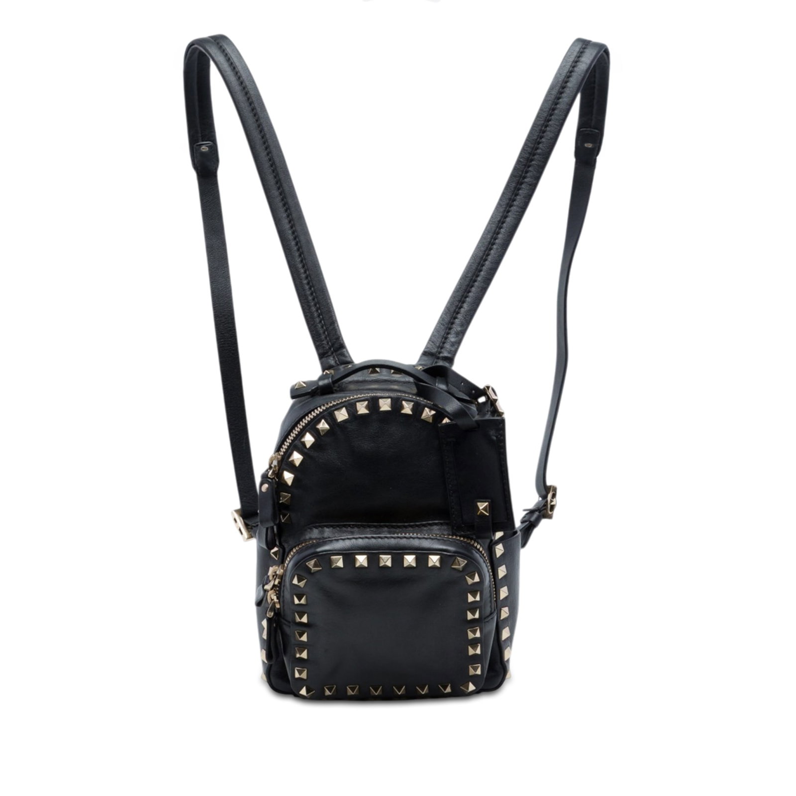 Valentino Rockstud Mini Leather Backpack Black Italy: Valentino Rockstud Mini Leather Backpack Black Italy Valentino mini backpack crafted in black leather with Rockstud detailing. It features a flat leather top handle, adjustable flat leather back strap