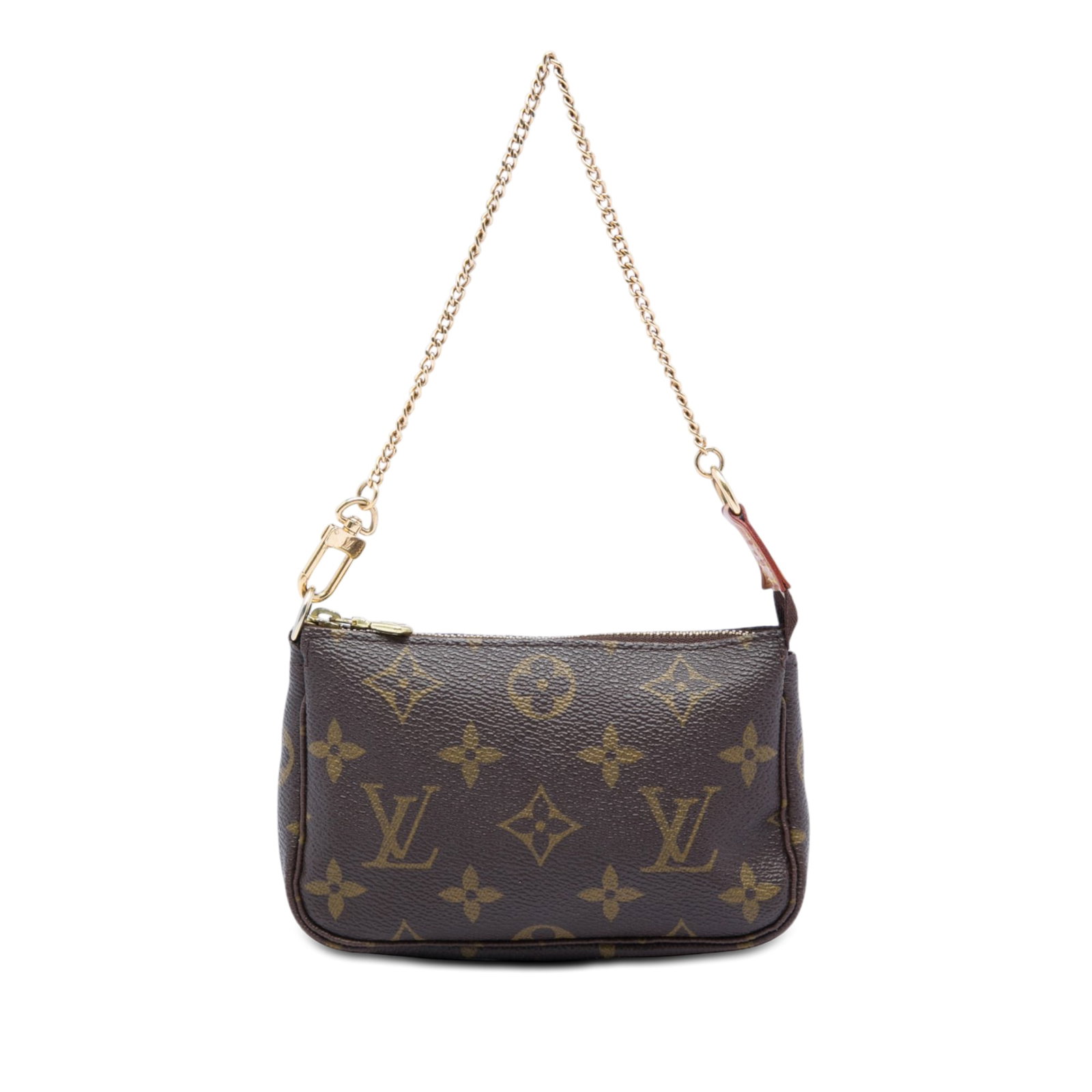 Louis Vuitton Monogram Mini Pochette zip top bag: Louis Vuitton Monogram Mini Pochette zip top bag Louis Vuitton Monogram Mini Pochette Accessoires with a monogram canvas body, gold-tone chain strap, and top zip closure. Made in France. Condition is 