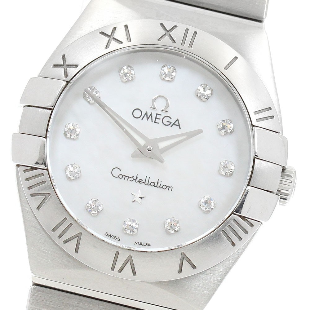 OMEGA Constellation Quartz Ladies Wristwatch Ref 123.10.24.60.55.001 Diamond: OMEGA Constellation Quartz Ladies Wristwatch Ref 123.10.24.60.55.001 Diamond Pre-owned Omega Constellation ladies wristwatch with a quartz movement and a white mother-of-pearl dial accented by 12 diam