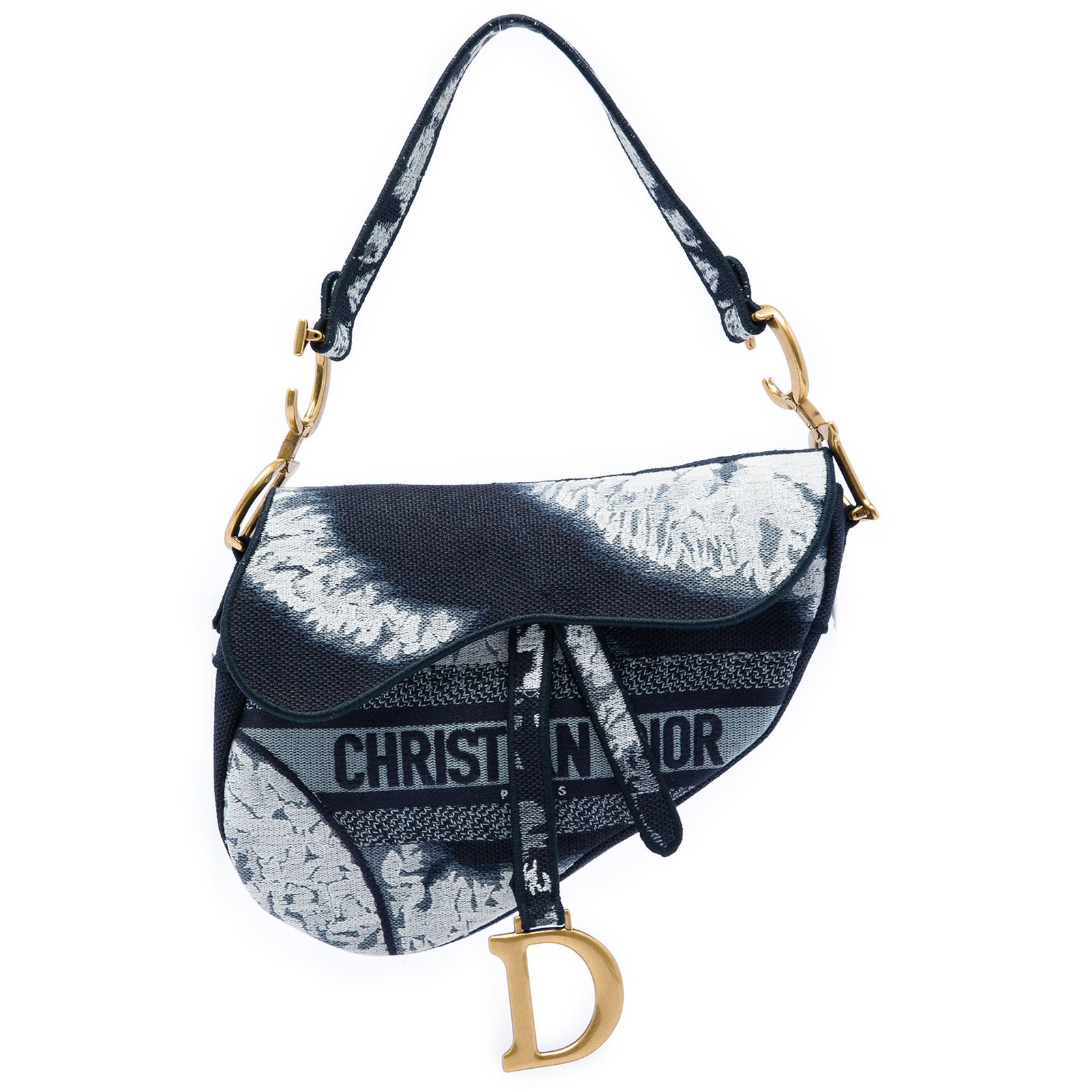 Dior Saddle Bag in Blue Tie Dye Embroidered Canvas: Dior Saddle Bag in Blue Tie Dye Embroidered Canvas This Dior Saddle Bag is crafted in printed canvas with an embroidered tie-dye design. It features a flat canvas strap, flap closure, and an exterior 