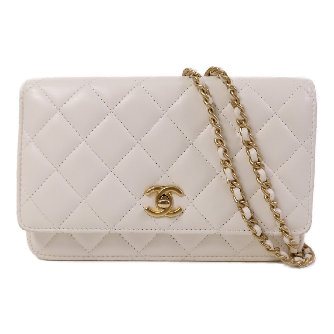 CHANEL Wallet on Chain Shoulder Bag White Lambskin CC GHW: CHANEL Wallet on Chain Shoulder Bag White Lambskin CC GHW CHANEL Wallet On Chain shoulder bag in white lambskin (sheep leather) with gold-tone hardware. It features a turn lock closure, a shoulder str