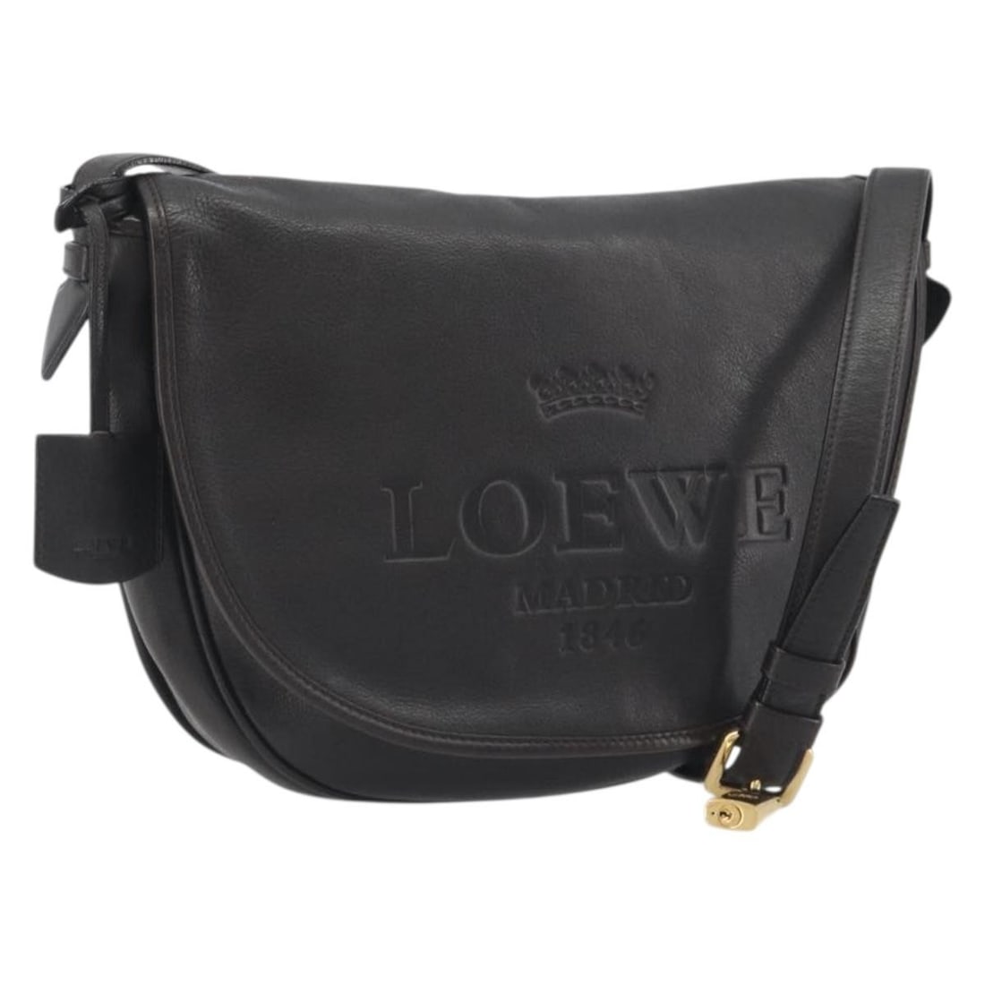 LOEWE Leather Shoulder Bag Dark Brown with Padlock Keys Clochette: LOEWE Leather Shoulder Bag Dark Brown with Padlock Keys Clochette Authentic LOEWE shoulder bag in dark brown leather with gold tone accents. Made in Spain, this women's bag includes a padlock, two key