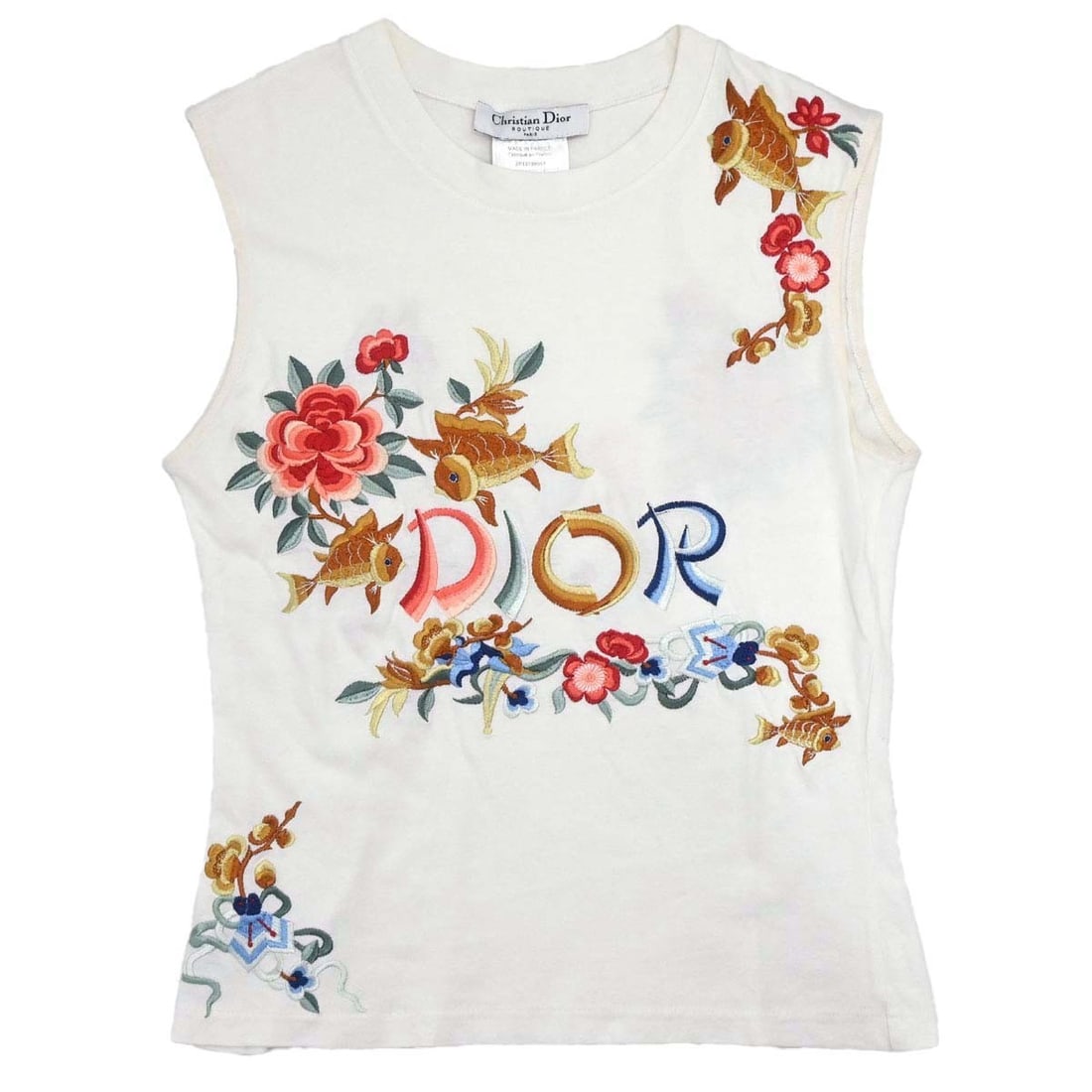 Dior white cotton sleeveless tank top with logo FR 38: Dior white cotton sleeveless tank top with logo FR 38 Christian Dior sleeveless tank top in white cotton with embroidered logo accents and a round neckline. Designed in a regular fit for women, this c
