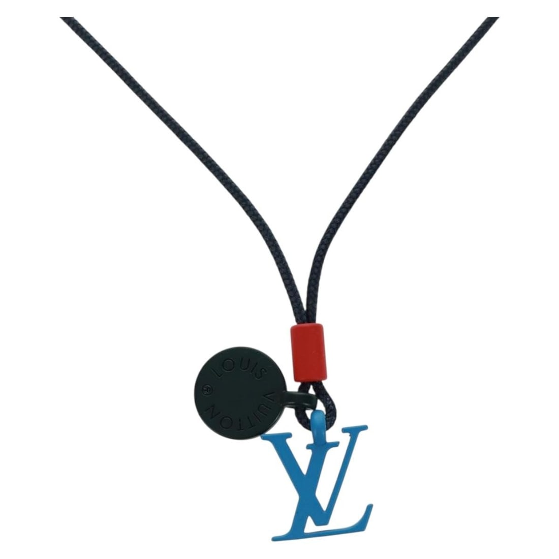 Louis Vuitton Navy Enamel Charm Necklace M63648 with Box and Dust Bag: Louis Vuitton Navy Enamel Charm Necklace M63648 with Box and Dust Bag This Louis Vuitton On the Go necklace features a stylish combination of enamel and monogram canvas in a navy color. Crafted in Ita