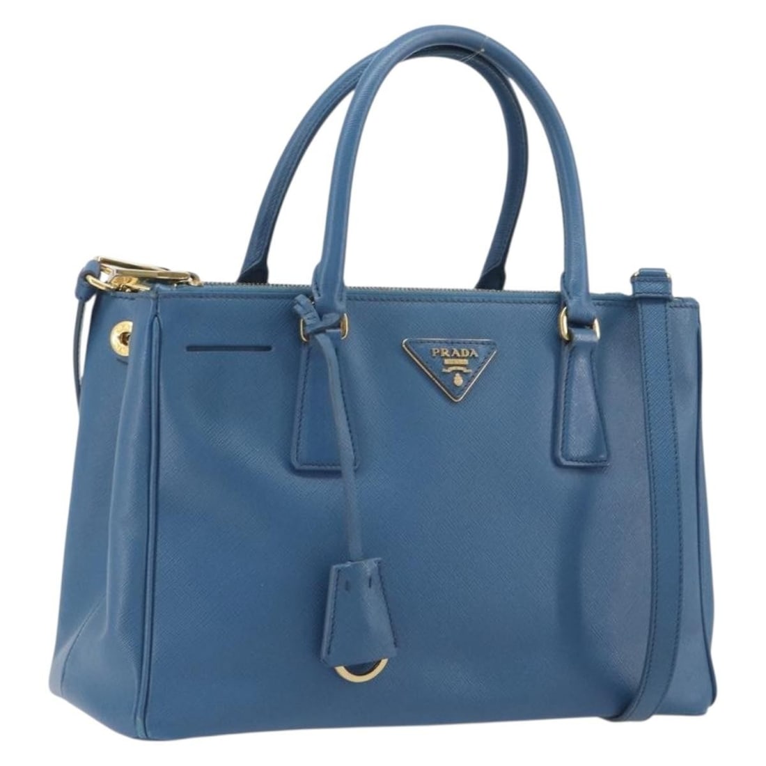 PRADA Saffiano Leather 2way Shoulder Bag Blue with Strap Clochette: PRADA Saffiano Leather 2way Shoulder Bag Blue with Strap Clochette Prada 2-way shoulder bag in blue Saffiano leather with gold-tone accents. Made in Italy, this women's bag includes a clochette and sh