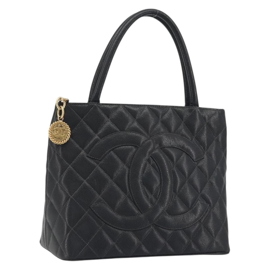 CHANEL Caviar Skin Black Tote Bag with Gold CC: CHANEL Caviar Skin Black Tote Bag with Gold CC Chanel standard tote bag in black caviar skin with CC detailing. Made in France, this women's tote features a structured silhouette and dual handles. The