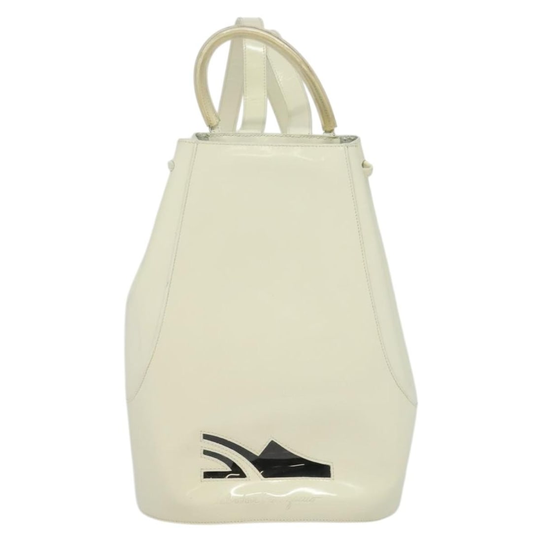 Patent Leather White Gancini Backpack by Salvatore Ferragamo: Patent Leather White Gancini Backpack by Salvatore Ferragamo This Salvatore Ferragamo Vintage Gancini Backpack is crafted from white patent leather and features the distinctive Gancini design. Designe