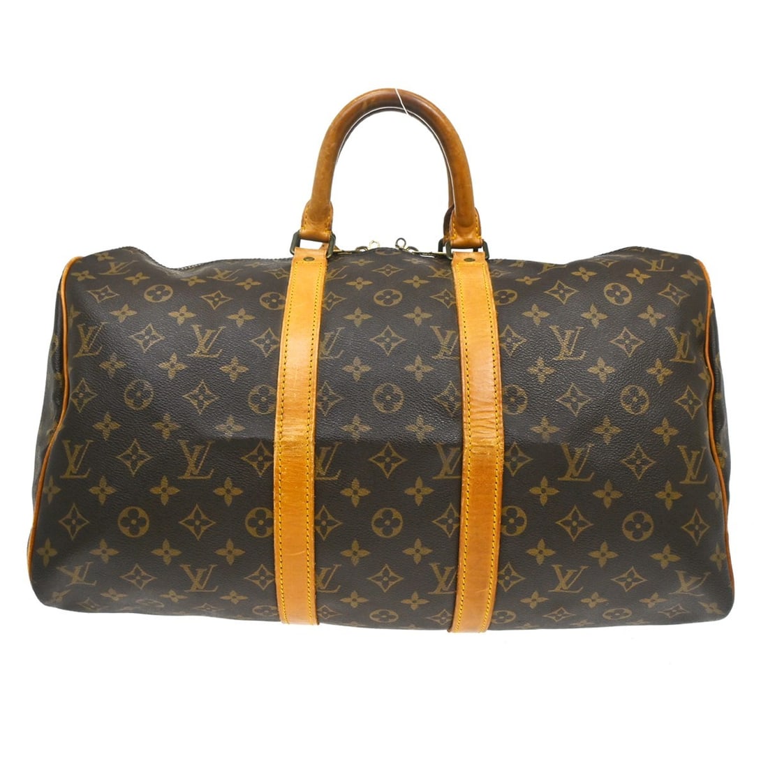 Louis Vuitton Keepall travel bag monogram canvas with name tag: Louis Vuitton Keepall travel bag monogram canvas with name tag Louis Vuitton Keepall in brown monogram canvas. This unisex bag is made in France and is presented in fair condition with visible wear. N