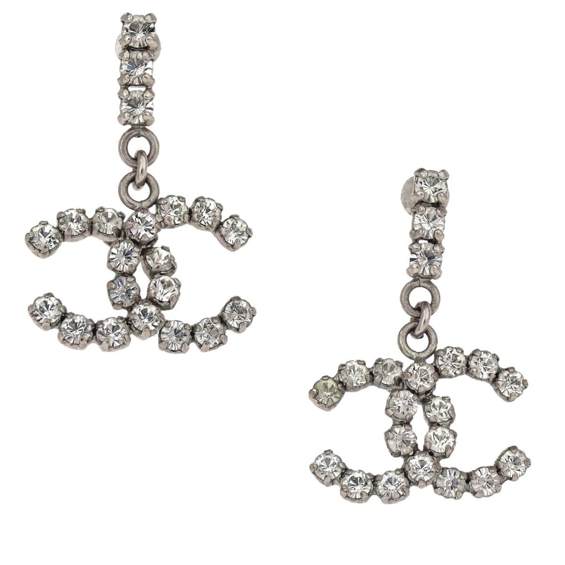 CHANEL CC Rhinestone Drop Earrings Silver Plated France (1 of 5)