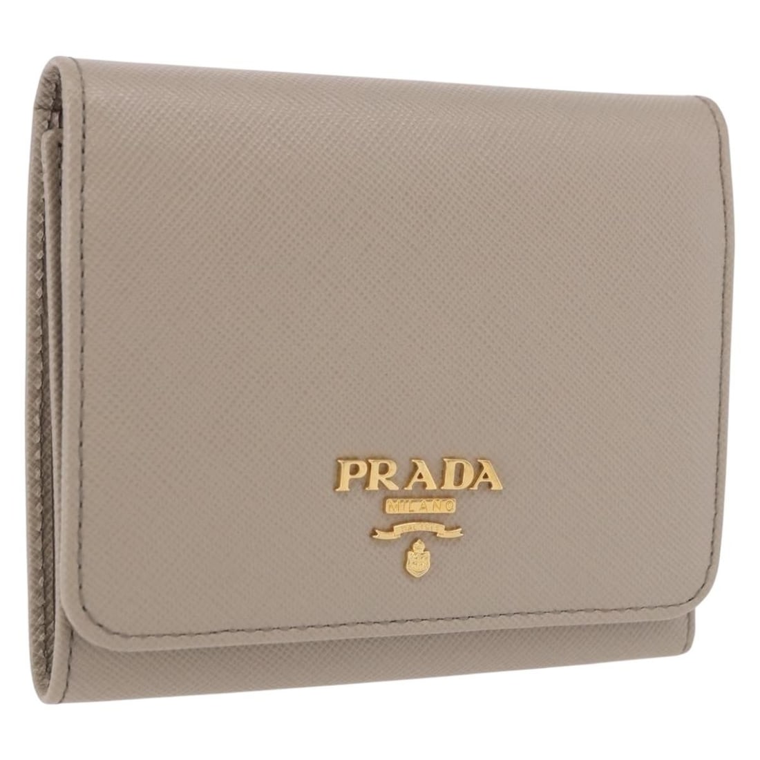 Prada Saffiano Leather Compact Wallet Gray Gold with Box Card