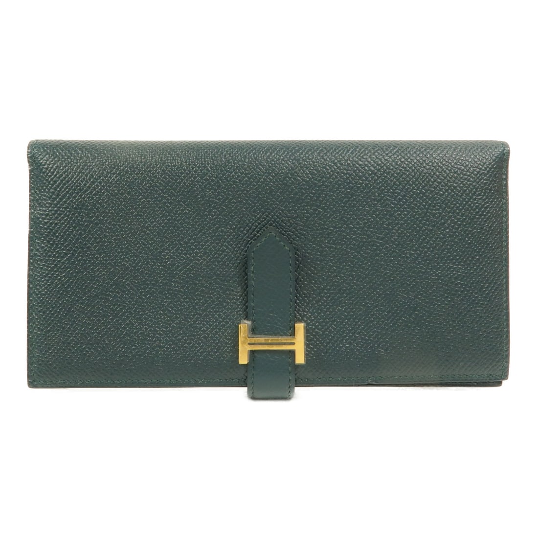 Hermes Bearn long wallet in Vert Cypres Epsom calfskin: Hermes Bearn long wallet in Vert Cypres Epsom calfskin Hermes Bearn long wallet in Vert Cypres Veau Epsom leather with a bifold design and interior storage for cards, bills, and coins. Includes the st