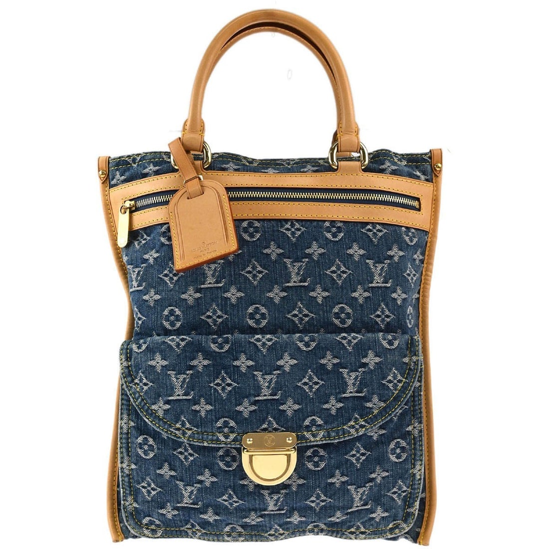 Louis Vuitton M95018 Monogram Denim Flat Shopper Tote Bag: Louis Vuitton M95018 Monogram Denim Flat Shopper Tote Bag Louis Vuitton Monogram Denim Flat Shopper tote handbag in indigo and brown Monogram denim canvas with leather trim. This medium open-top tote 
