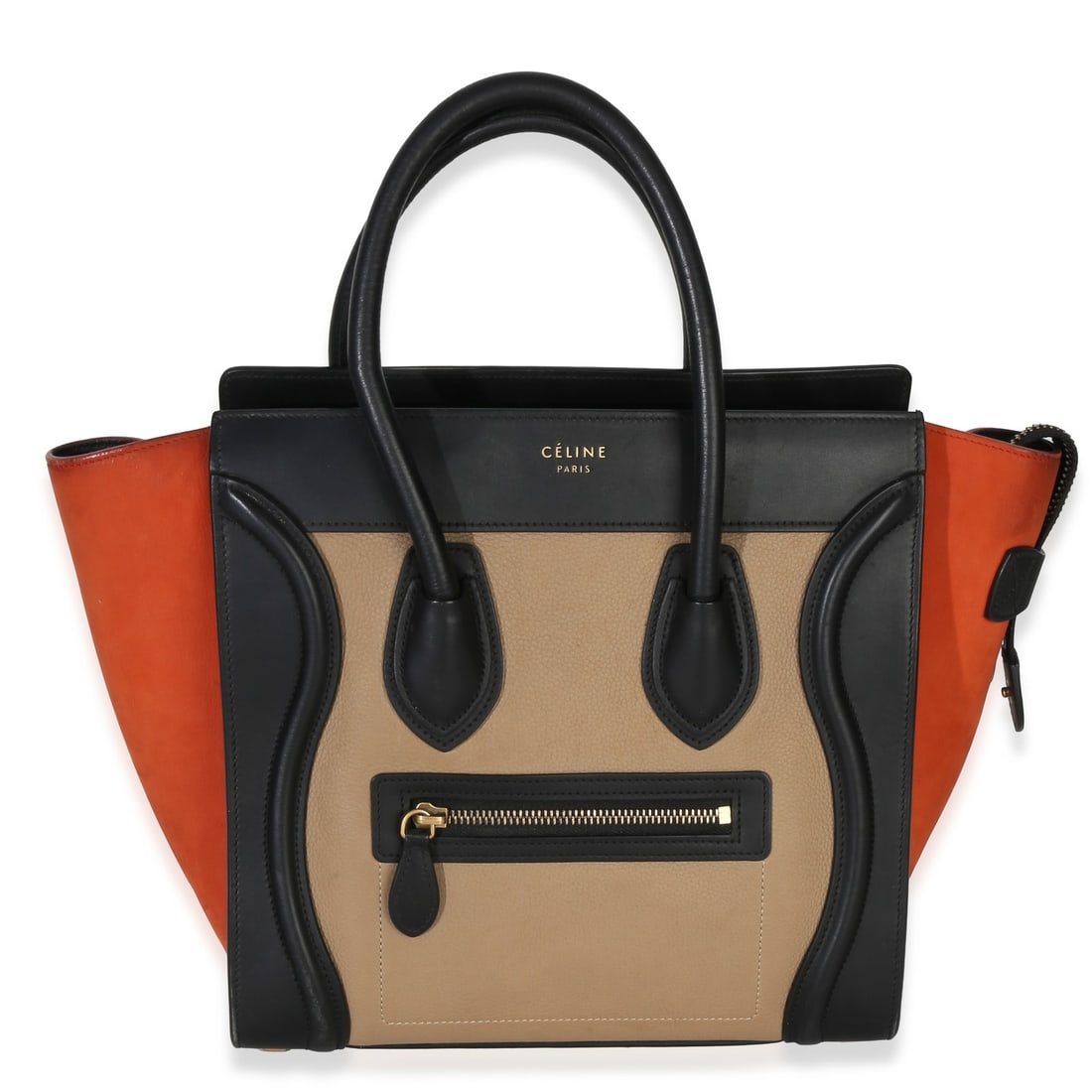 Celine Nano Luggage Tote Beige Black Leather Zip Top Bag: Celine Nano Luggage Tote Beige Black Leather Zip Top Bag Pre-owned Celine Nano Luggage Tote in beige and black leather with a zip-top closure and black leather lining. This unisex handbag includes the