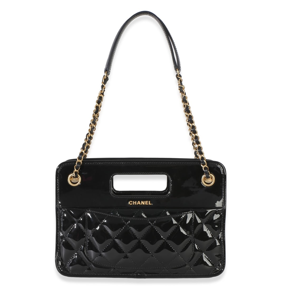 Chanel Small Shopping Bag in Black Quilted Patent Leather: Chanel Small Shopping Bag in Black Quilted Patent Leather Chanel Small Shopping Bag in black quilted patent leather with a graphic catch design. This pre-owned bag features an open top, black fabric a