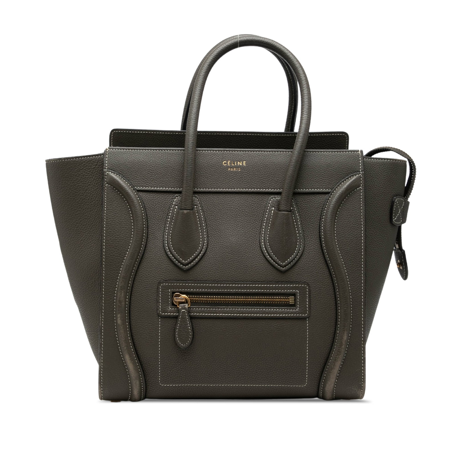 Celine Micro Luggage Tote in Gray Drummed Calfskin Leather: Celine Micro Luggage Tote in Gray Drummed Calfskin Leather Celine Micro Luggage Tote in gray drummed calf leather with a structured silhouette, rolled leather handles, top zip closure, exterior front 
