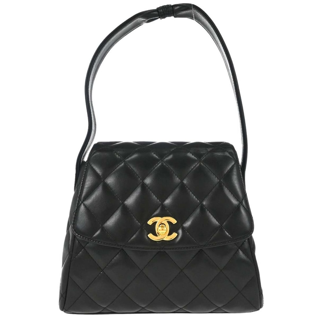 CHANEL medium black lambskin leather handbag with dust bag: CHANEL medium black lambskin leather handbag with dust bag Chanel black lambskin handbag for women with double handles and a medium profile. The bag features one exterior pocket plus one interior zipp