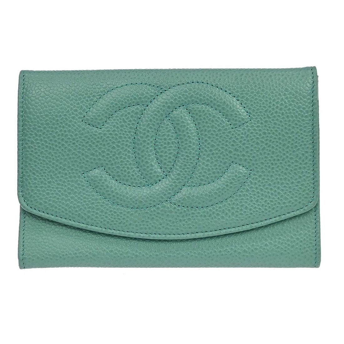 CHANEL CC Caviar Skin Folding Wallet Green: CHANEL CC Caviar Skin Folding Wallet Green Women's Chanel wallet in green with CC pattern and folding design. It is made of caviar skin leather and was manufactured in France. The wallet is described 