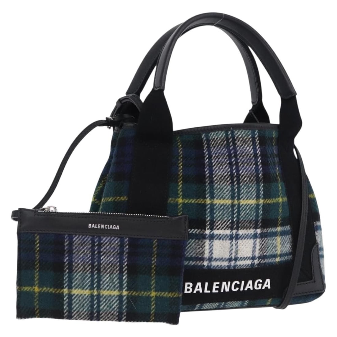 Balenciaga 390346 Cabas XS Wool Tote with Strap and Pouch: Balenciaga 390346 Cabas XS Wool Tote with Strap and Pouch Balenciaga Cabas XS 2-way tote bag in green and silver wool. This women's bag includes a shoulder strap and pouch. Condition is excellent over
