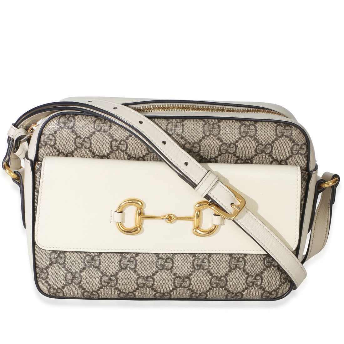 Gucci Small 1955 Horsebit Shoulder Bag Beige White Leather: Gucci Small 1955 Horsebit Shoulder Bag Beige White Leather Pre-owned Gucci Small 1955 Horsebit shoulder bag in beige and white with a zip-around closure and gold-tone hardware. This unisex shoulder