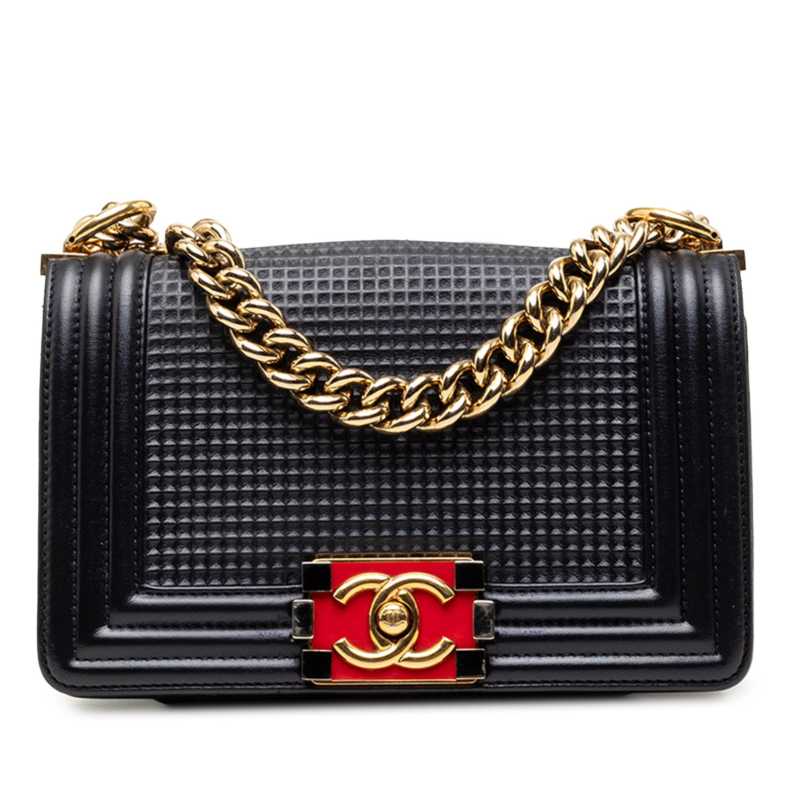 Chanel Cube Boy Small Flap Bag Blue Embossed Lambskin: Chanel Cube Boy Small Flap Bag Blue Embossed Lambskin This Chanel Small Cube Boy Flap is crafted in embossed lambskin leather and features a chain link strap with a leather guard, a front flap with CC