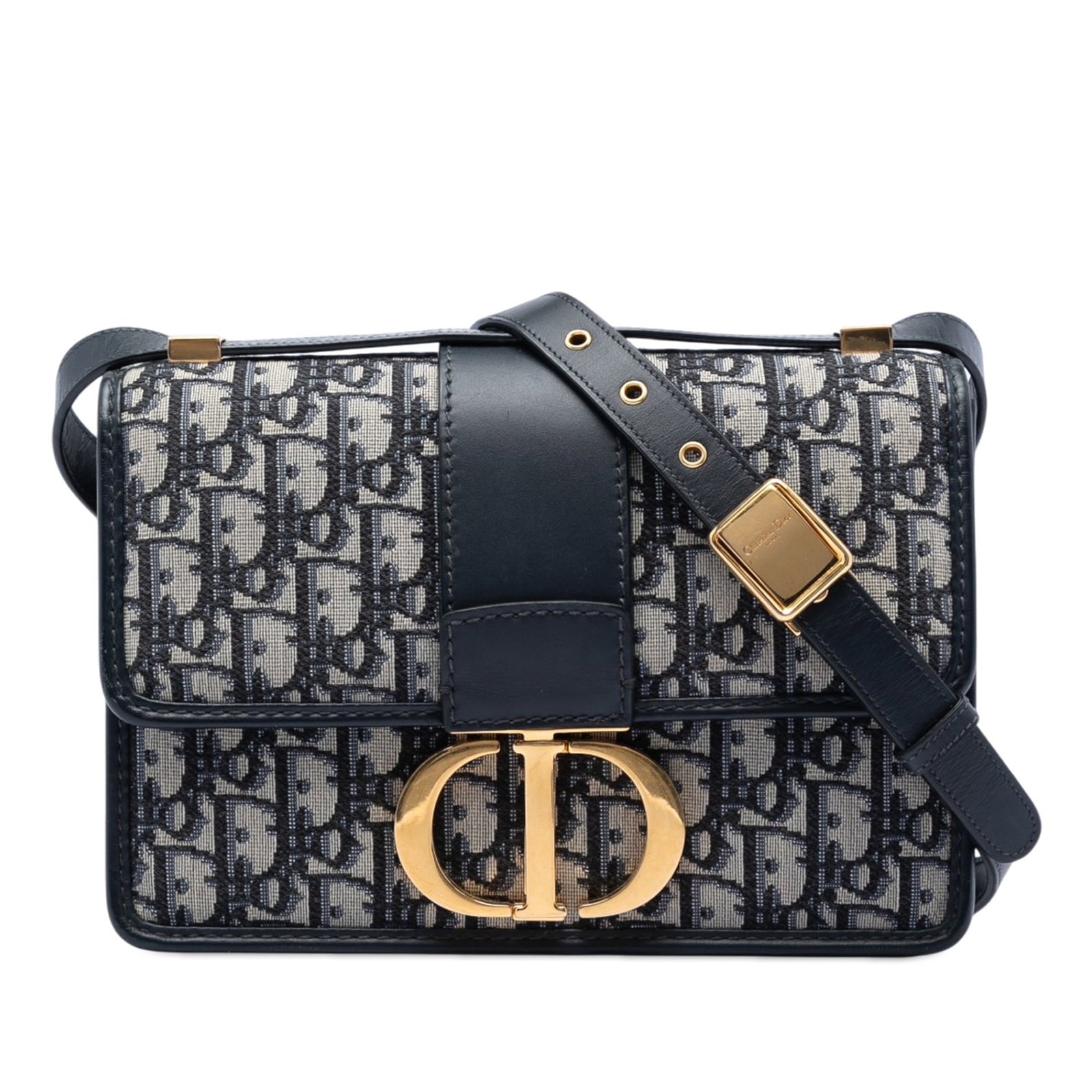 Dior 30 Montaigne Flap Crossbody in Blue Oblique Canvas: Dior 30 Montaigne Flap Crossbody in Blue Oblique Canvas Dior 30 Montaigne flap bag in blue oblique canvas with leather trim and a gold-tone chain strap. The design features a front flap with metal