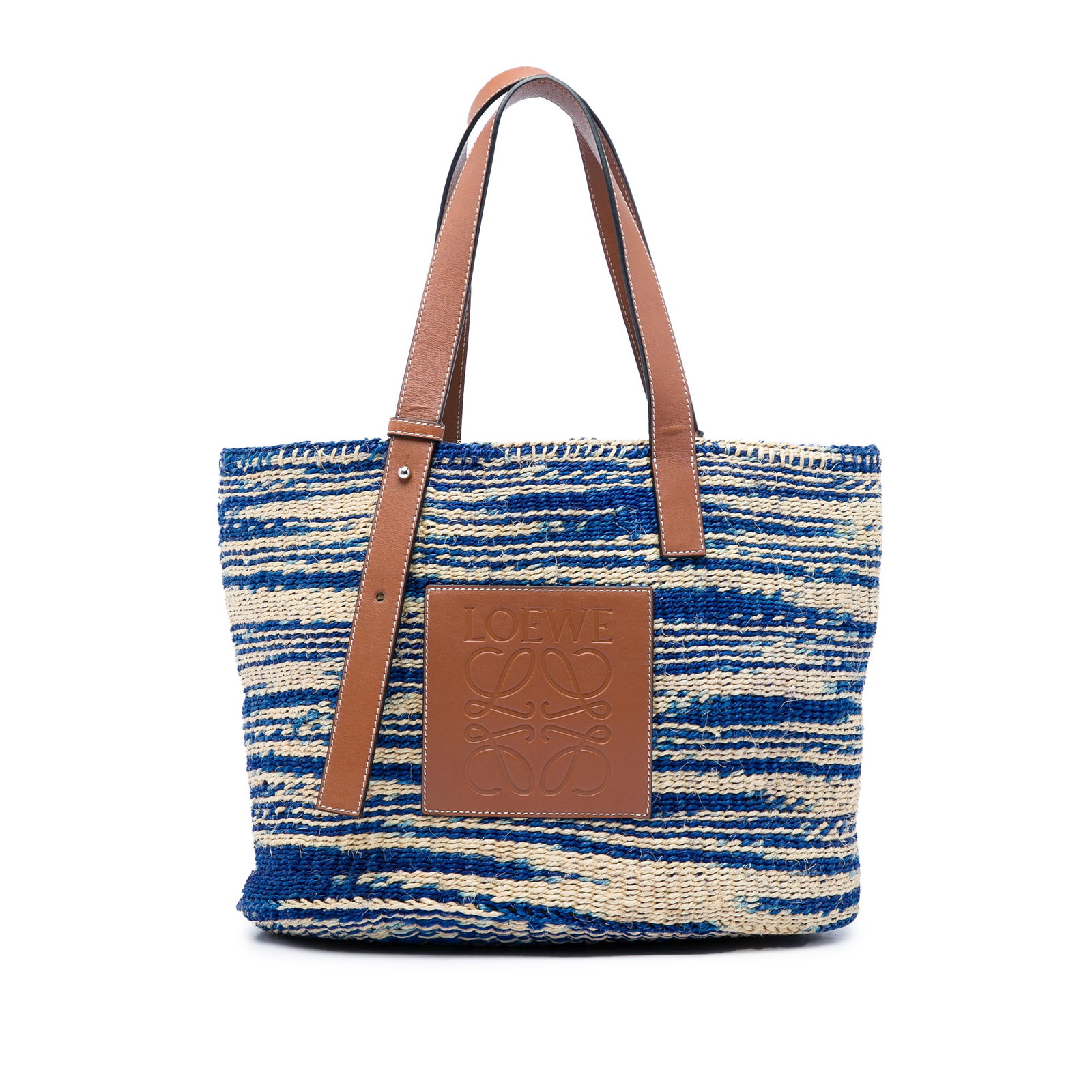 LOEWE Anagram Basket Tote Large Raffia Blue Bag: LOEWE Anagram Basket Tote Large Raffia Blue Bag Large LOEWE Anagram basket tote crafted with a raffia body and flat leather handles. This open-top bag is made in Kenya and finished in blue. Condition 