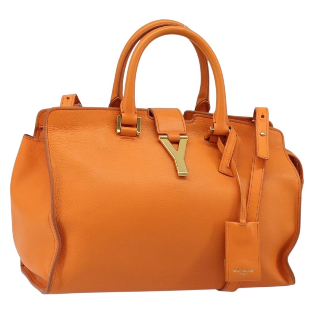 SAINT LAURENT Cabas Mini 2way Leather Handbag Orange Italy: SAINT LAURENT Cabas Mini 2way Leather Handbag Orange Italy Saint Laurent Cabas Mini 2-way handbag in orange leather with gold-tone accents. This women's bag includes a clochette and shoulder strap for