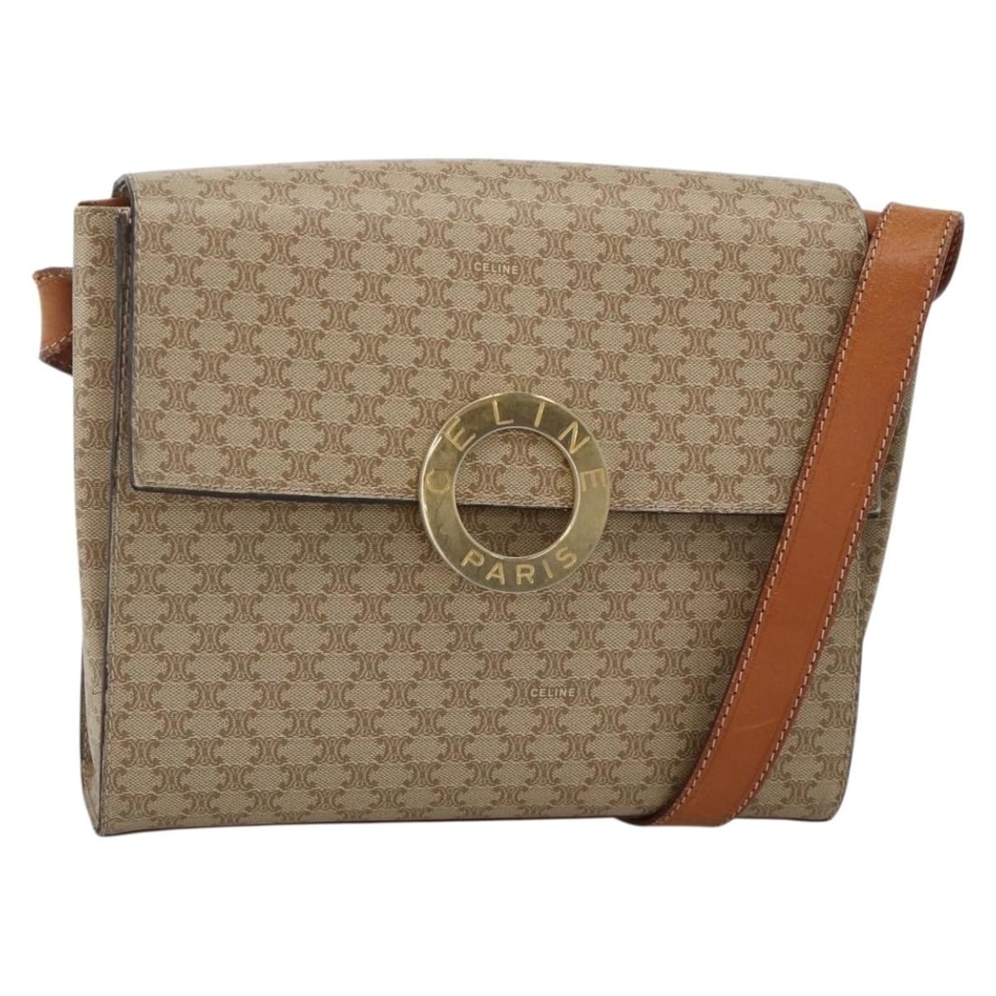 Celine Macadam Circle Logo Shoulder Bag Beige Canvas Leather: Celine Macadam Circle Logo Shoulder Bag Beige Canvas Leather This Celine Vintage Macadam Circle Logo Shoulder Bag is crafted from beige canvas with leather accents. Designed for unisex use, it feature