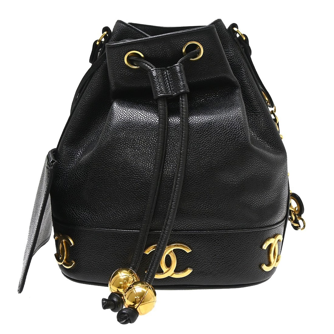 Chanel Triple CC Black Caviar Leather Drawstring Shoulder Bag: Chanel Triple CC Black Caviar Leather Drawstring Shoulder Bag Chanel Triple CC drawstring shoulder bag in black caviar skin leather. This medium shoulder bag features a shoulder strap and drawstring c
