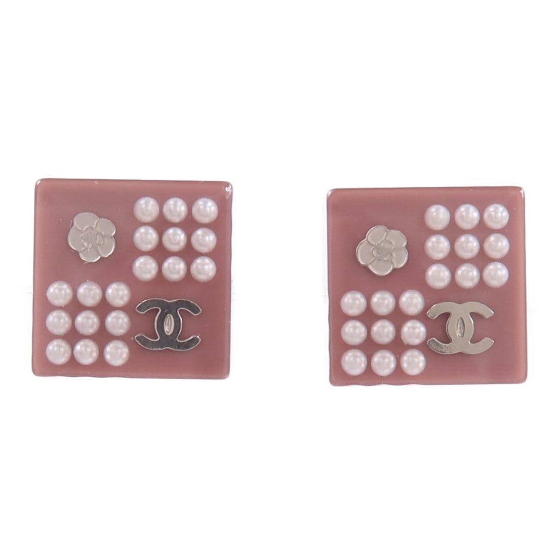 CHANEL CC Pierced Earrings in Dusty Pink PVC: CHANEL CC Pierced Earrings in Dusty Pink PVC CHANEL CC pierced earrings in dusty pink PVC. This women's pair features the iconic CC motif and is made in France. Condition is B with reasonable wear and