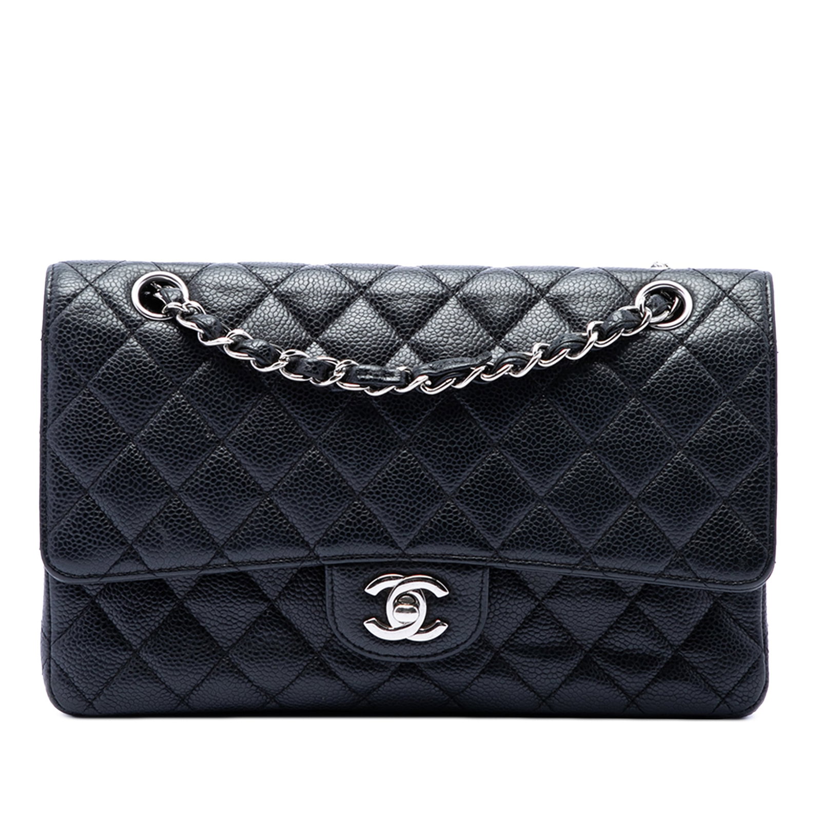 Chanel Medium Classic Double Flap Shoulder Bag Black Caviar Leather: Chanel Medium Classic Double Flap Shoulder Bag Black Caviar Leather Chanel Medium Classic Caviar Double Flap shoulder bag in black quilted caviar leather. This bag features leather-woven chain straps,